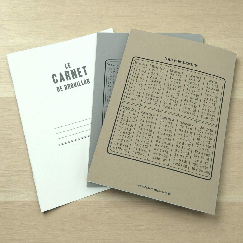carnet de brouillon francais avec table de multiplication au dos