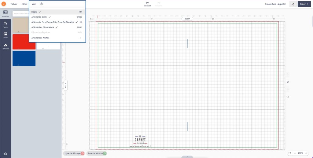 afficher règle, grille, fond perdu, zone de sécurité et dimensions