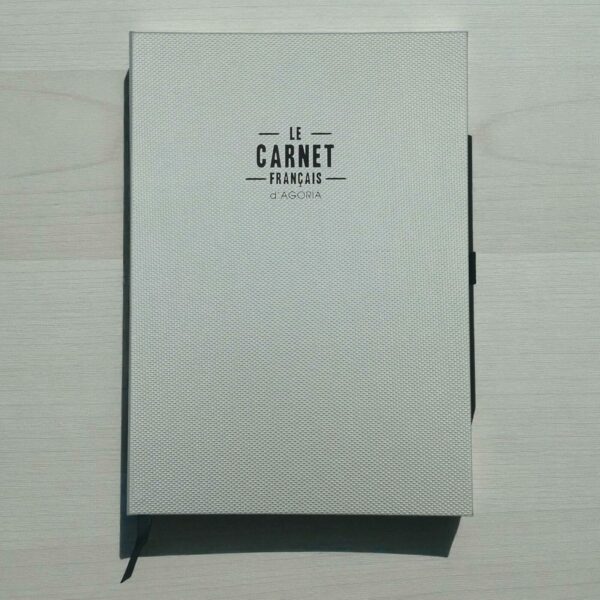 Carnet California gris métallisé vue de face avec couverture effet filet, logo Le Carnet Français en noir, marque-page intégré noir, fond minimaliste, lumière douce, texture métallique et tactile visible.