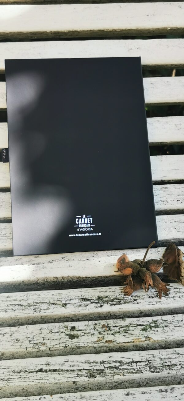 carnet noir sur banc blanc