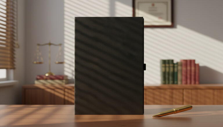 Carnet pour avocat noir premium Le Carnet Français posé sur un bureau en bois, ambiance professionnelle et élégante.